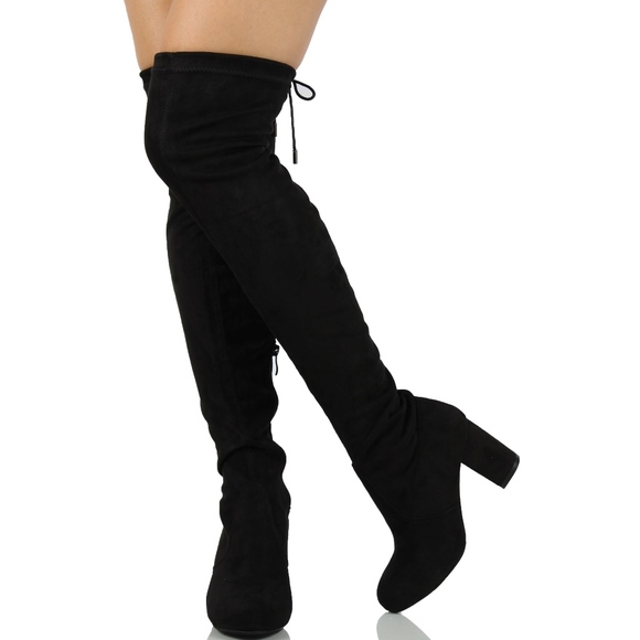 Shoes - Black faux suede over the knee back tie heel boot
